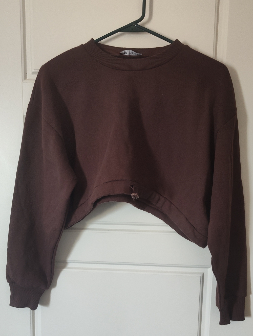 Zara Cropped Brown Drawstring Crewneck Sweatshirt